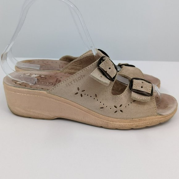 Fly Flot Slides 37 5.5 Tan Leather Two Strap Buckle Open Toe Italy Made Comfort - Picture 7 of 14